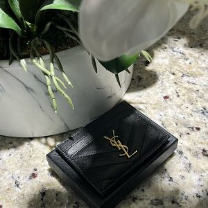 Yves Saint Laurent Black Card Holder with YSL Gold Logo with Original Box